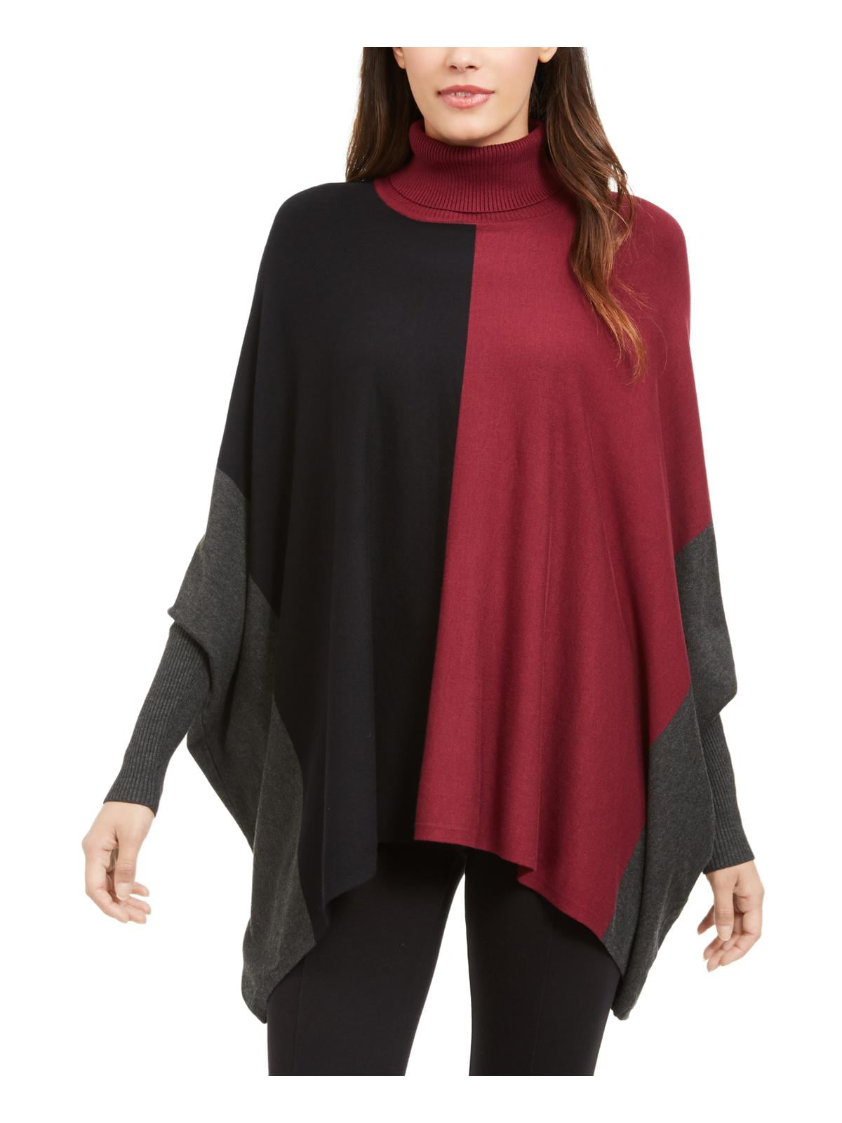 Alfani Women's Turtleneck Colorblock Poncho Sweater Red Size Petite Large