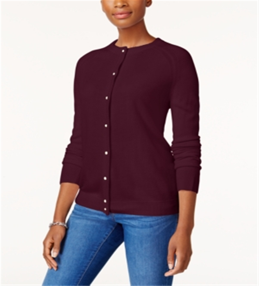 Karen Scott Women's Luxsoft Button Cardigan Maroon Size -Petite L