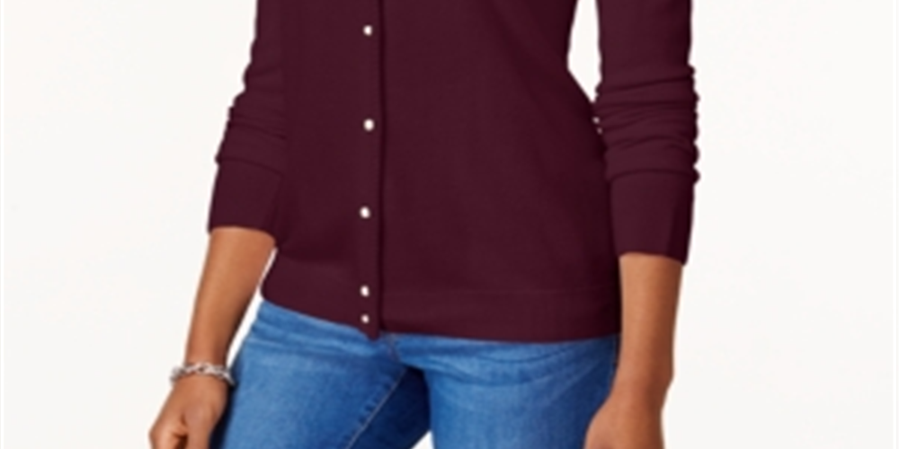 Karen Scott Women's Luxsoft Button Cardigan Maroon Size -Petite L