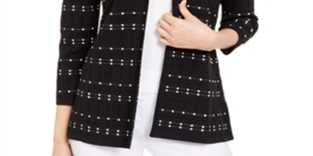 Alfani Women's Dot Stitch Open Front Cardigan Black Size Petite L