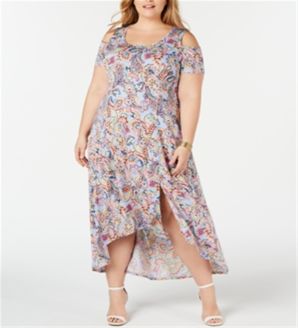 NY Collection Women's Plus Printed Cold Shoulder Maxi Dress Blue Size XXX-Large