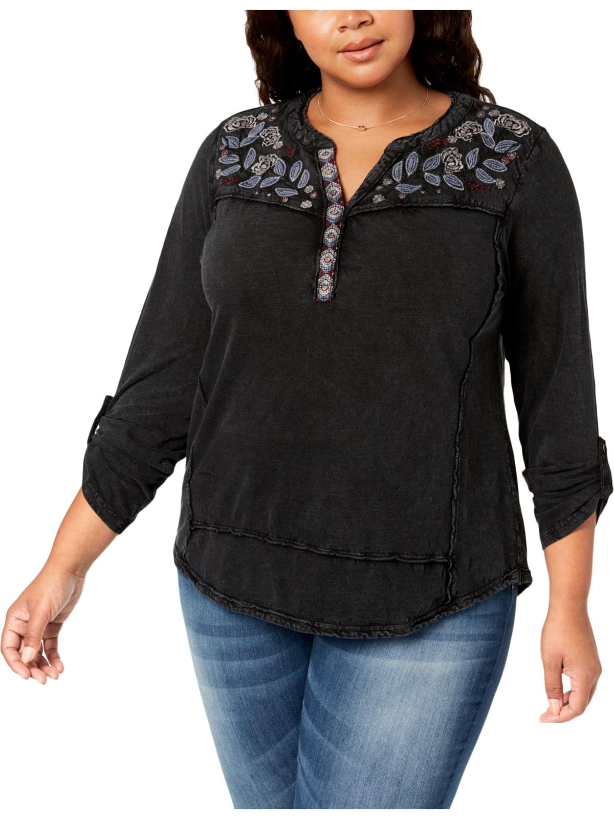 Style & Co Women's Plus Cotton Embroidered Blouse Black Size 0X