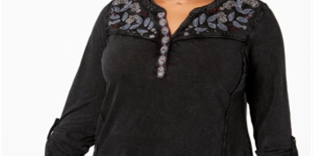 Style & Co Women's Plus Cotton Embroidered Blouse Black Size 0X