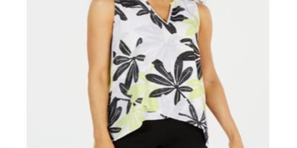 Alfani Women's Printed Crossover Front Top White/green leaves Size Petite L