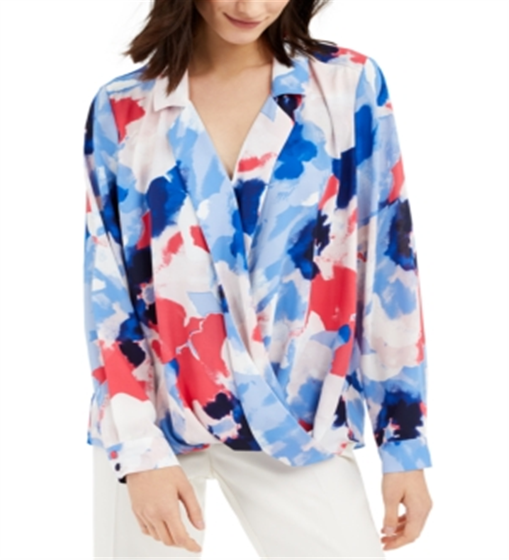 Alfani Women's Printed Surplice Top Blue Size Petite S