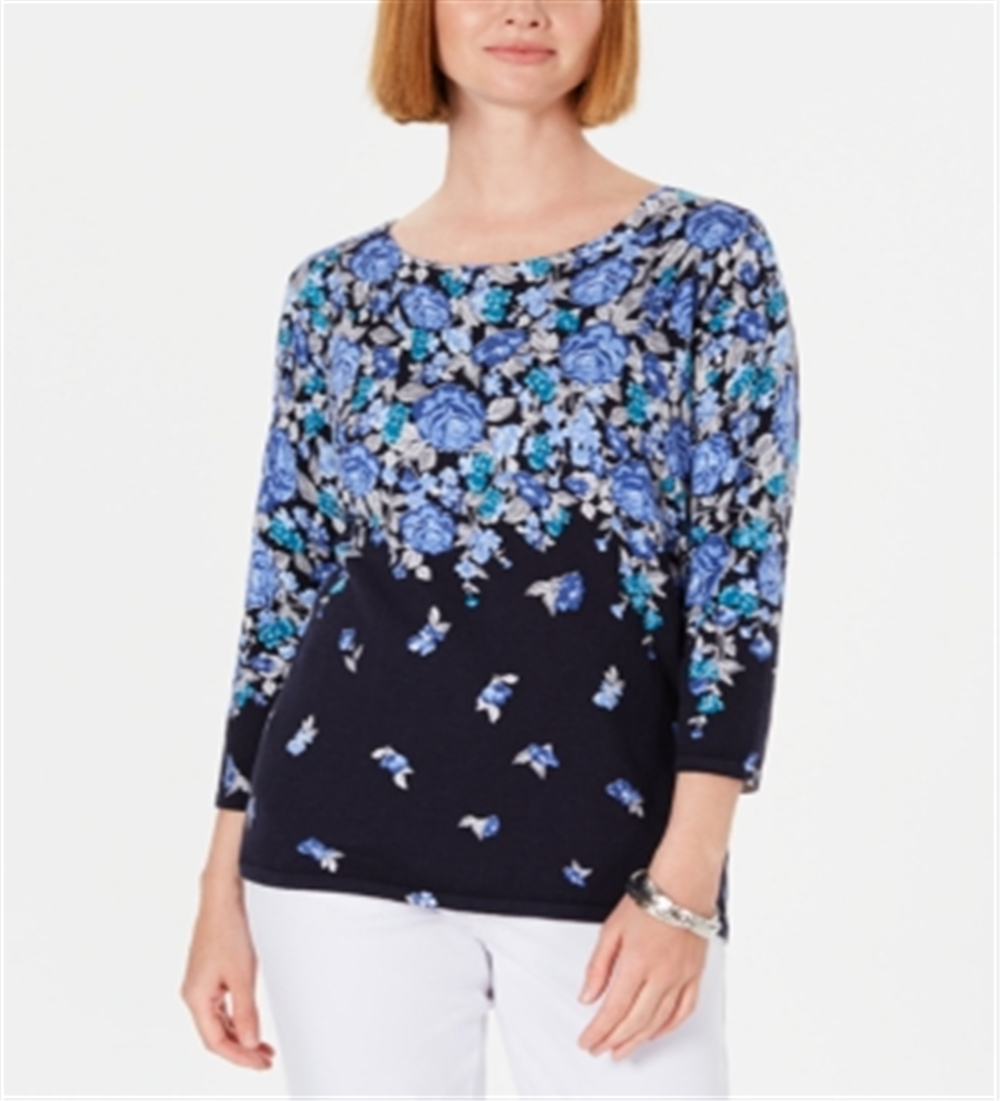 Karen Scott Women's Printed 3/4 Sleeve Sweater Blue Floral Size Petite S