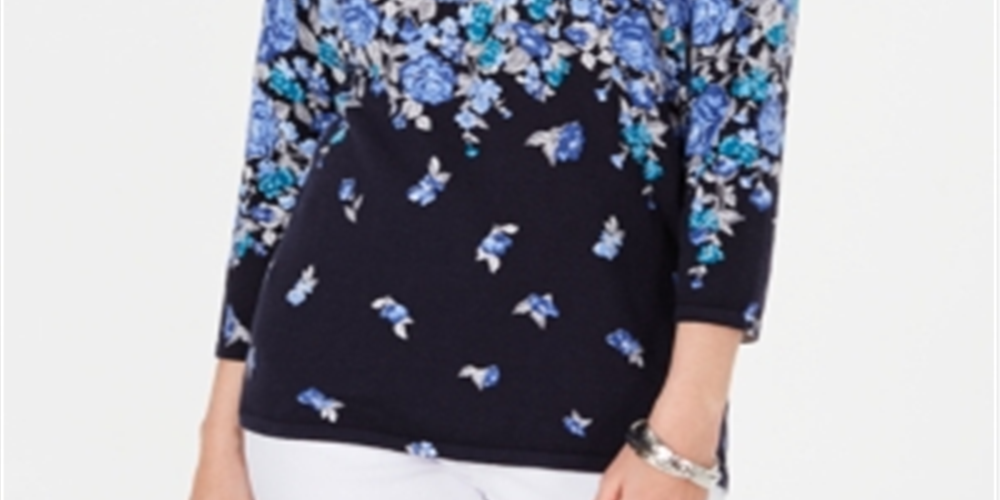 Karen Scott Women's Printed 3/4 Sleeve Sweater Blue Floral Size Petite S