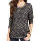 Style & Co Women's Printed Long Sleeve Jewel Neck Evening Top Black Size Petite Medium