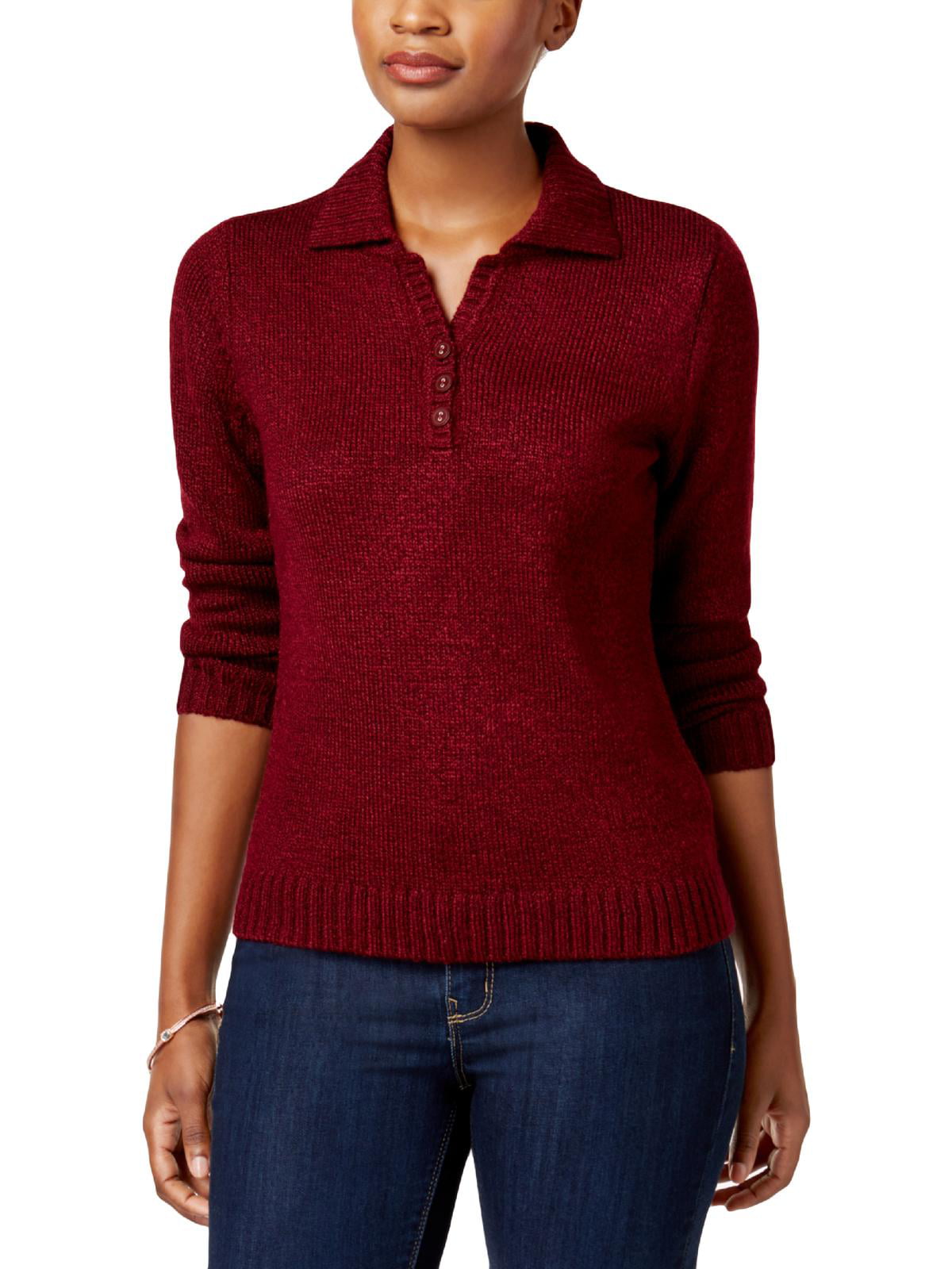 Karen Scott Women's Tt Johnny V Neck Collared Pullover Sweater Red Size Petite X-Large