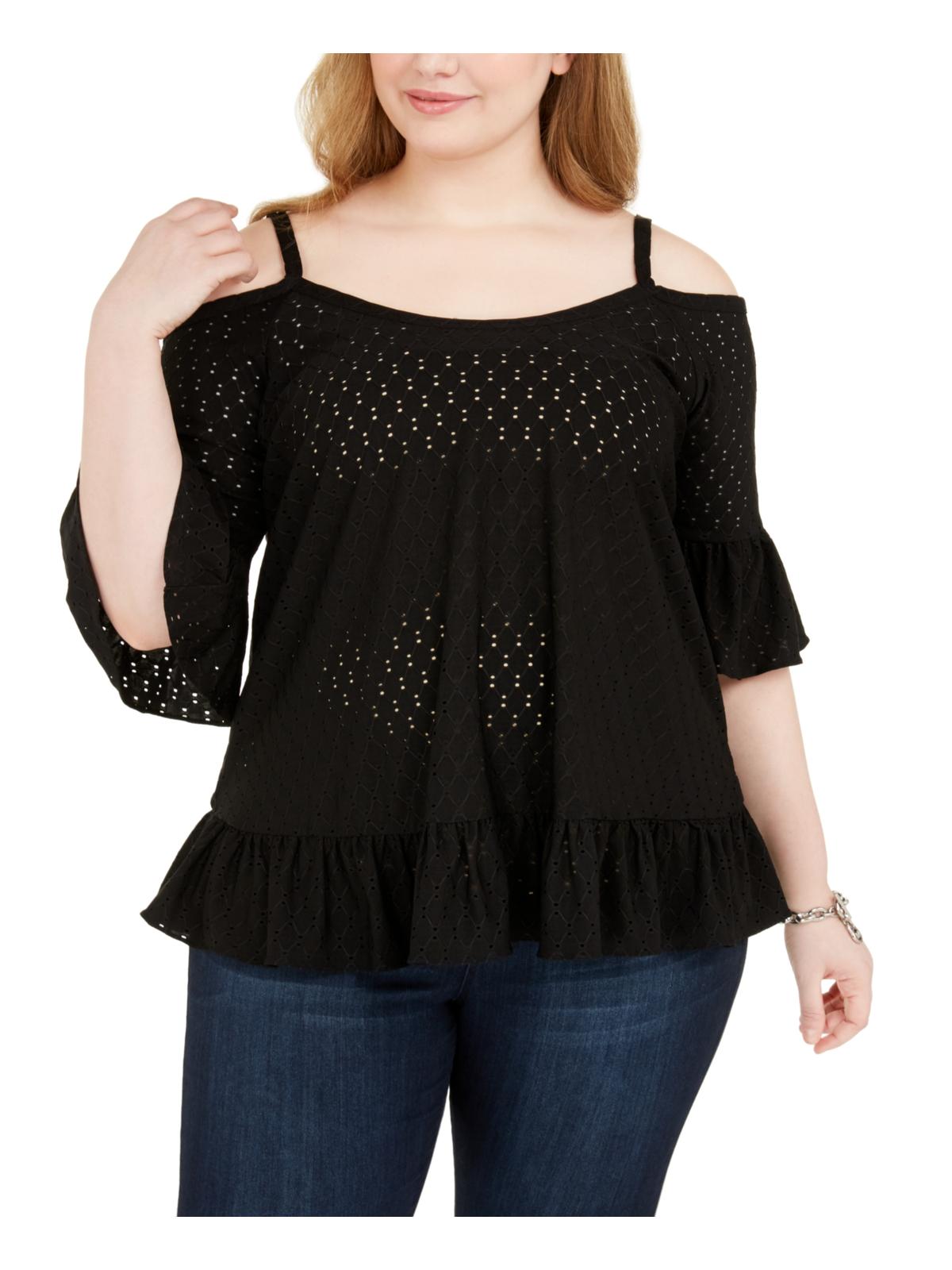 Michael Kors Women's Plus Blouse Cold Shoulder Eyelet Black Size 2X