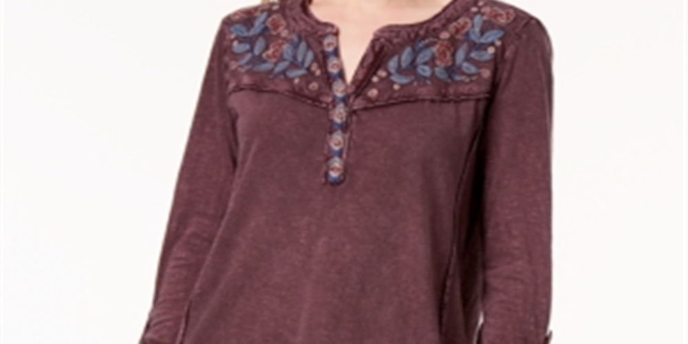 Style & Co Women's Cotton Embroidered Top Berry Jam Size PP