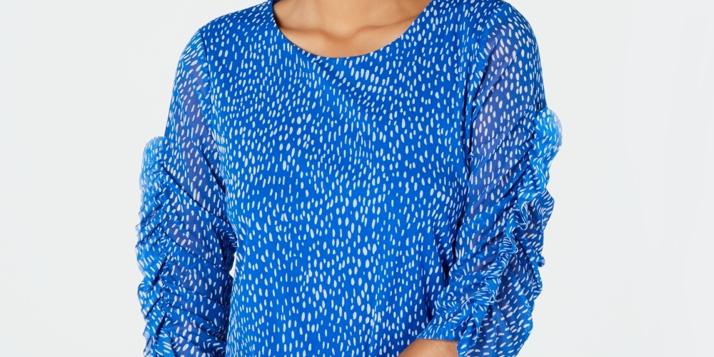 Alfani Women's Printed Ruched Sleeve Mesh Bubble Top Blue Size Petite Medium