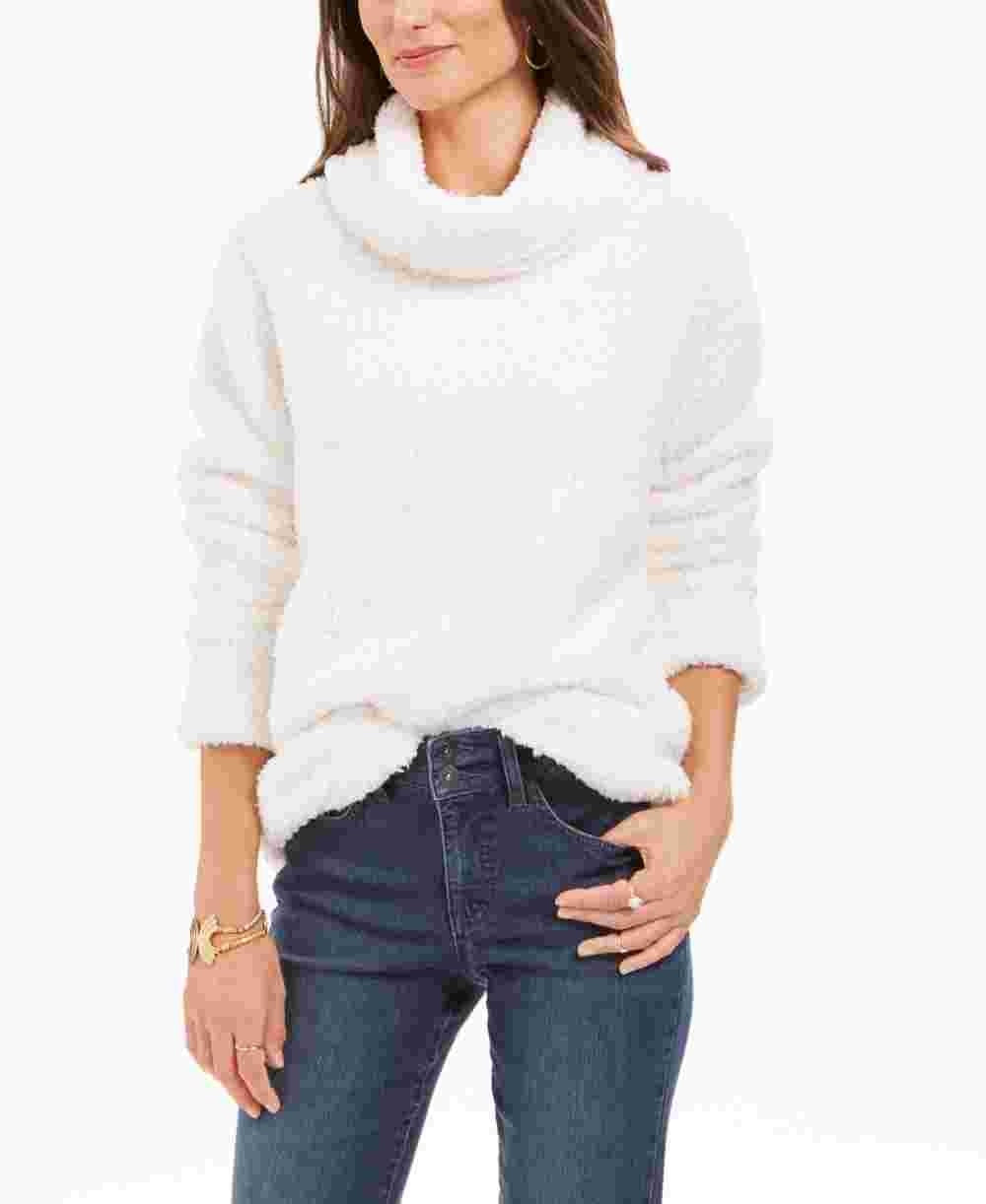 Style & Co Women's Faux Fur Solid Long Sleeve Turtle Neck Sweater White Size Petite Medium