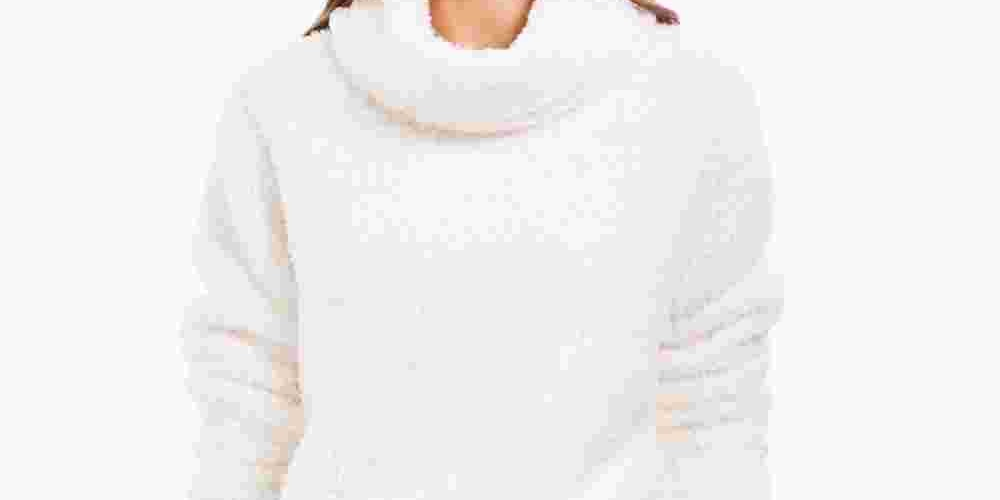 Style & Co Women's Faux Fur Solid Long Sleeve Turtle Neck Sweater White Size Petite Medium