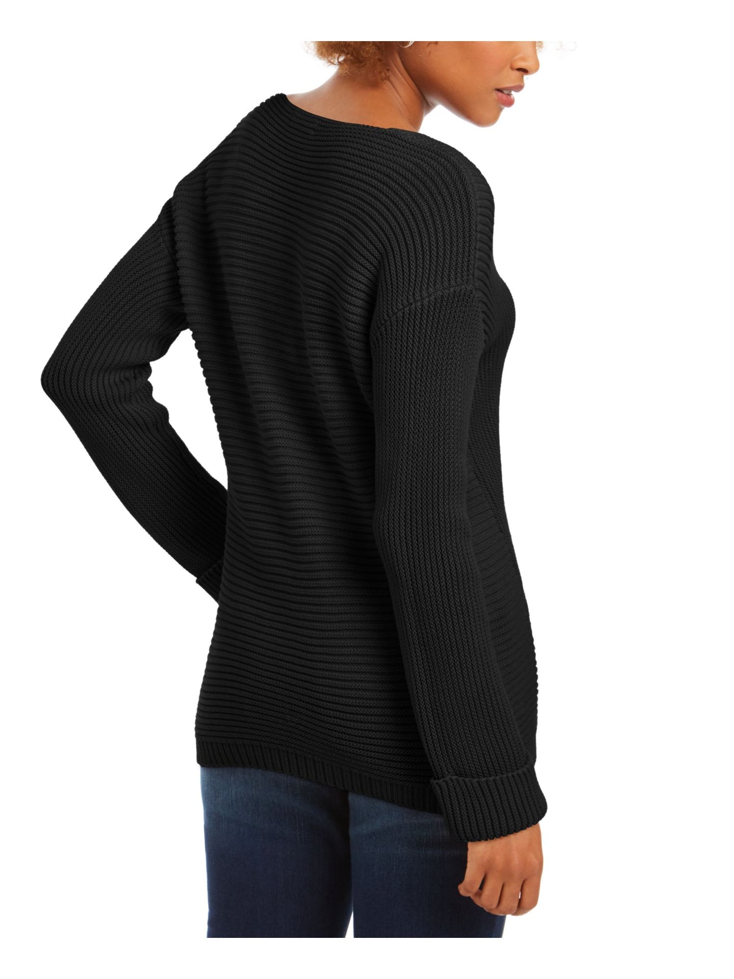 Charter Club Women's Solid Long Sleeve V Neck T-Shirt Top Black Size Petite Large