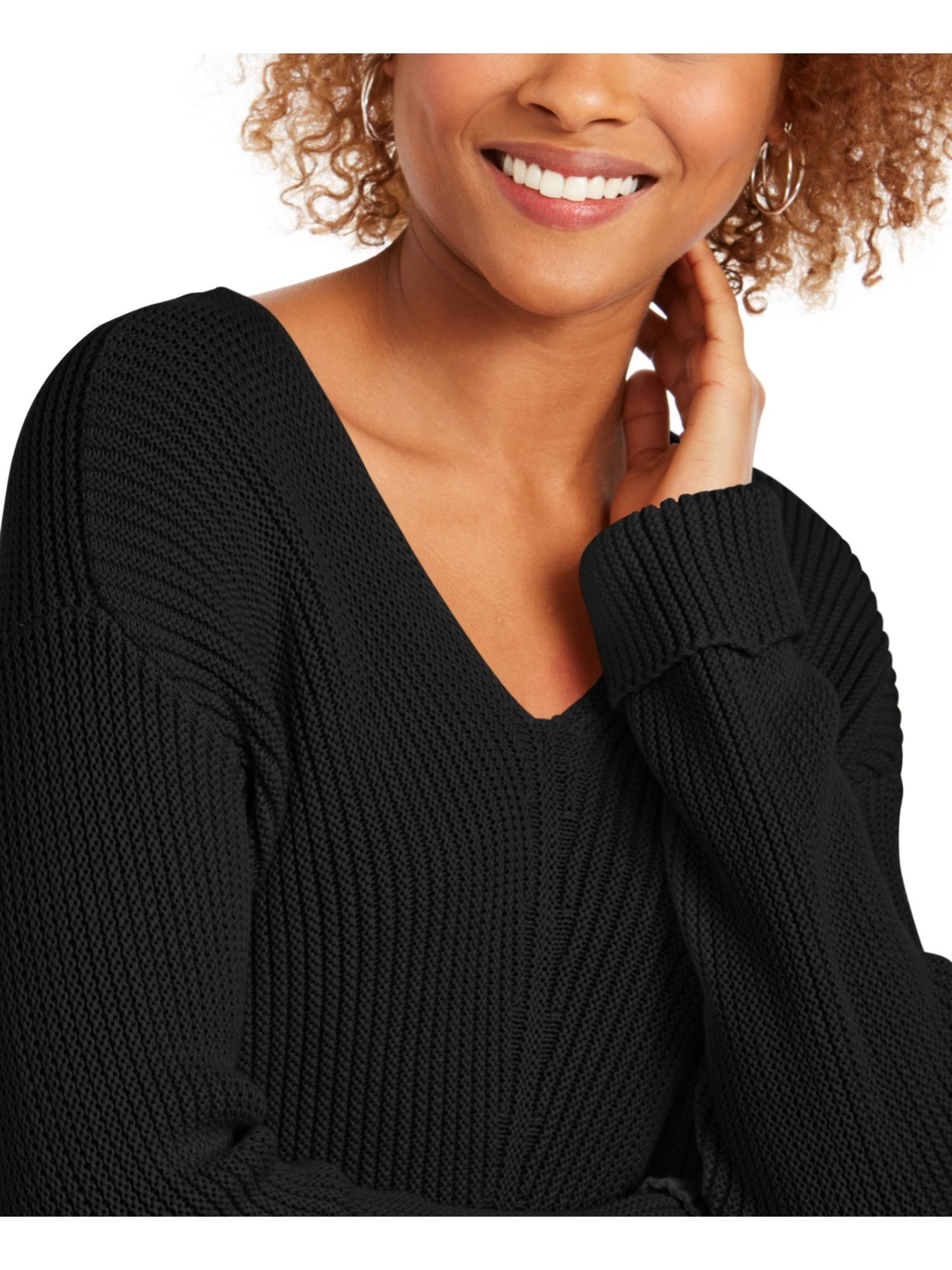 Charter Club Women's Solid Long Sleeve V Neck T-Shirt Top Black Size Petite Large