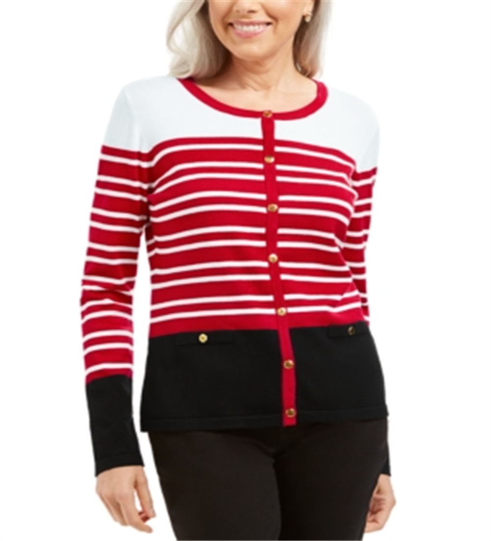 Karen Scott Women's Striped Cardigan Red Size PSM
