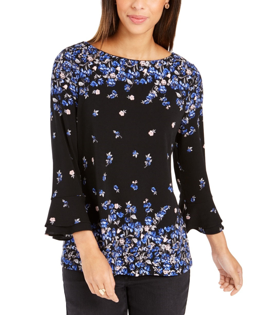 Charter Club Women's Floral Print Bell Sleeve Blouse Blue Size X-Small