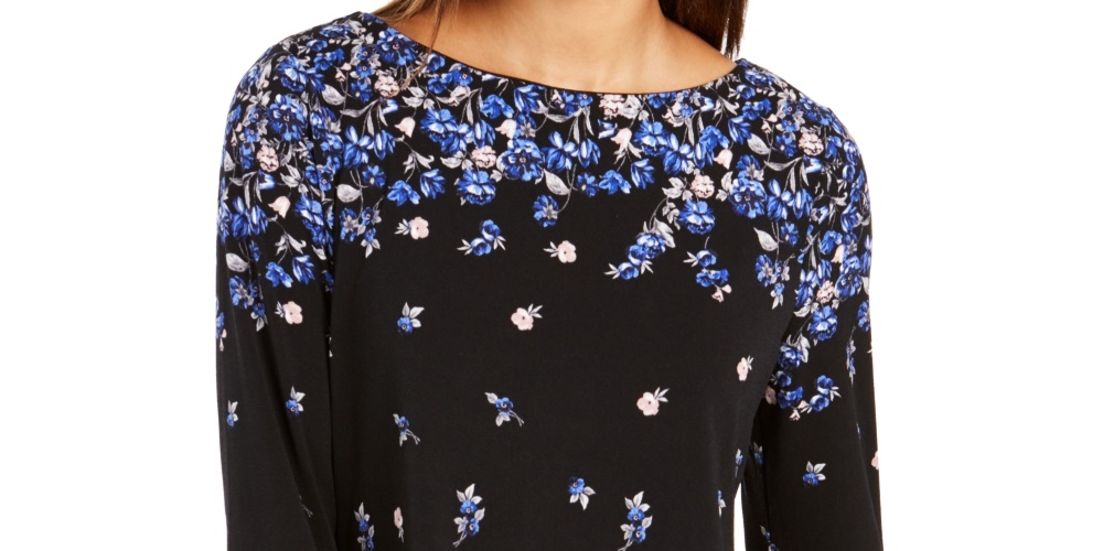 Charter Club Women's Floral Print Bell Sleeve Blouse Blue Size X-Small