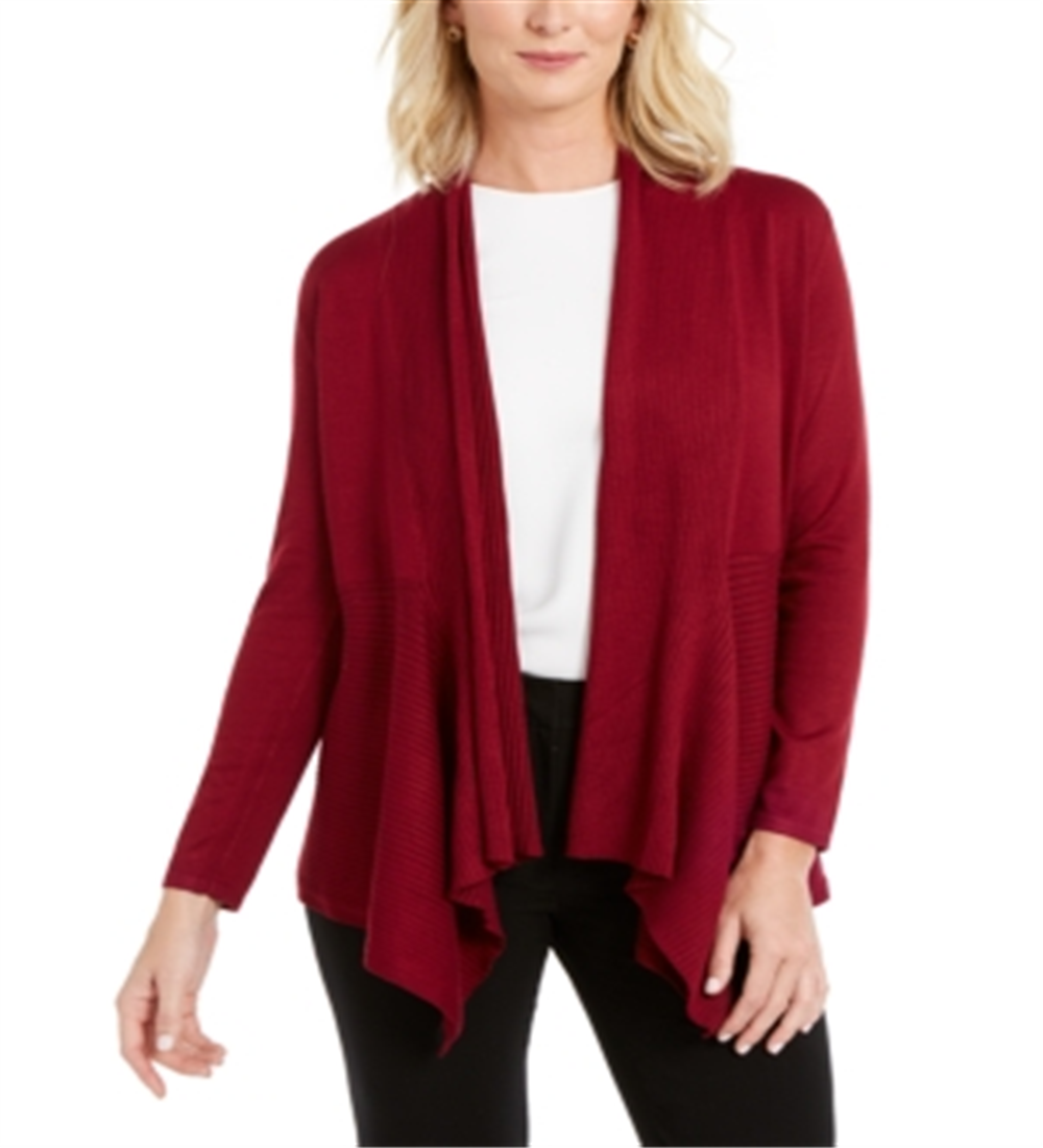 JM Collection Women's Mixed Ribbed Flyaway Cardigan Cherry Pie Size Petite S