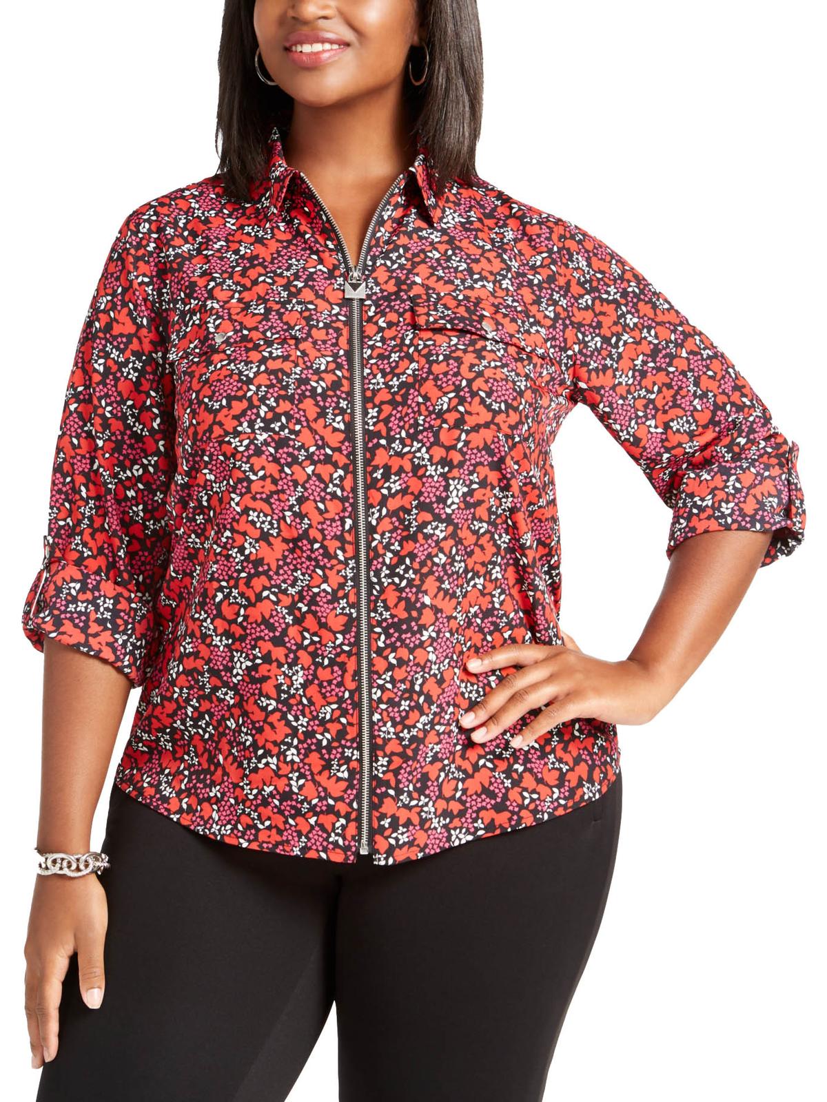 Michael Kors Women's Plus Woodland Leaf Blouse Printed Zip Front Red Size 0X