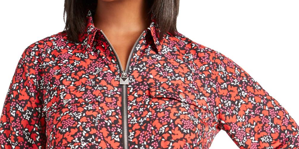 Michael Kors Women's Plus Woodland Leaf Blouse Printed Zip Front Red Size 0X