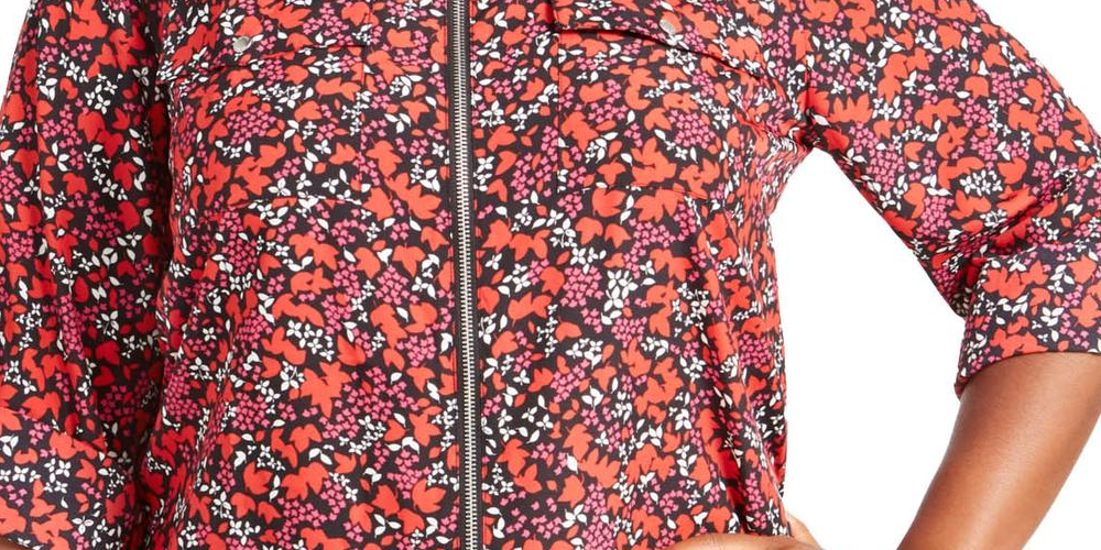 Michael Kors Women's Plus Woodland Leaf Blouse Printed Zip Front Red Size 0X