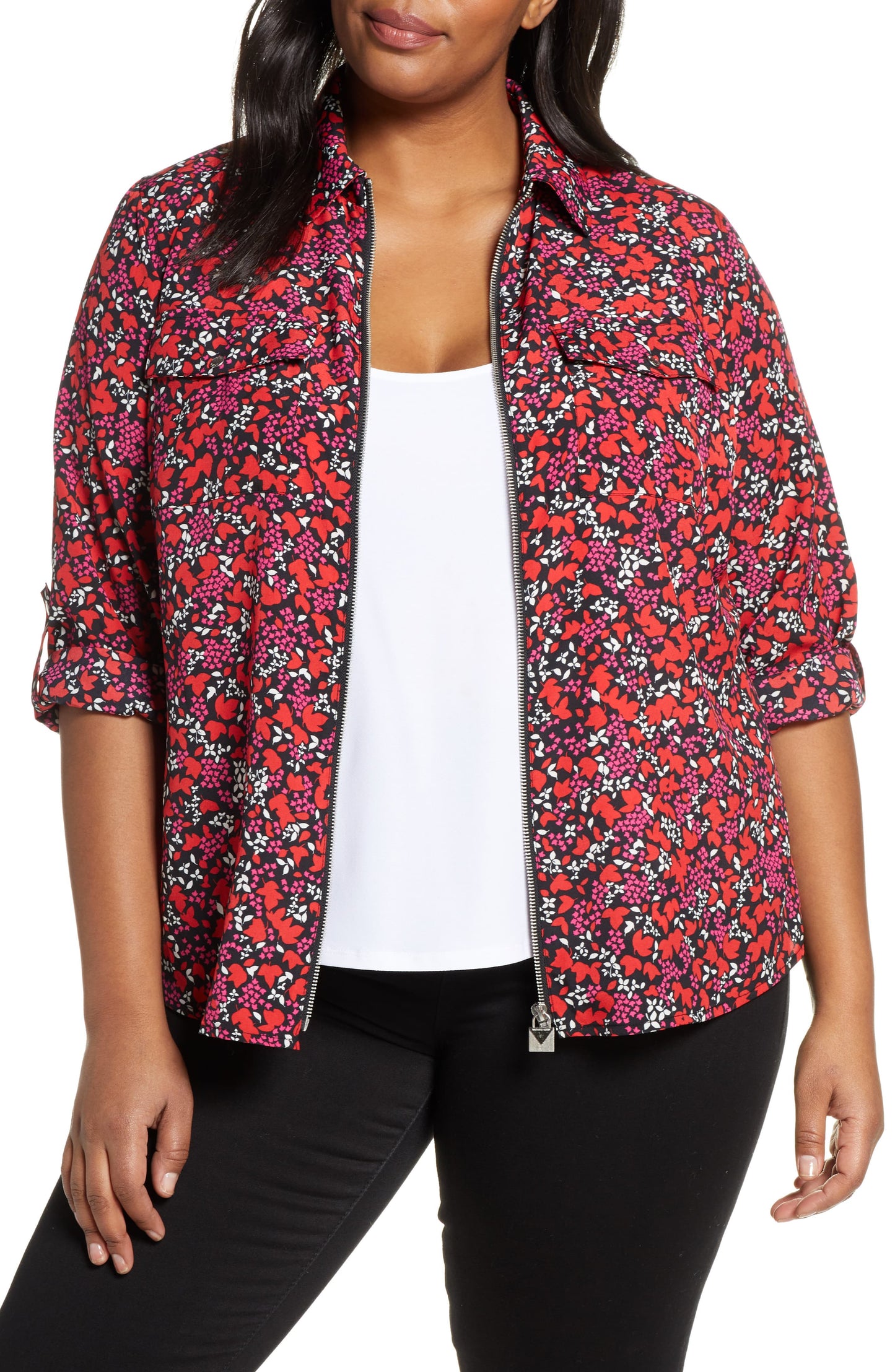Michael Kors Women's Plus Woodland Leaf Blouse Printed Zip Front Red Size 0X