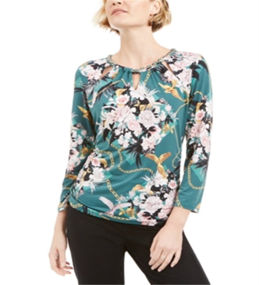 JM Collection Women's Printed Chain Neck Top Green Floral Size Petite S