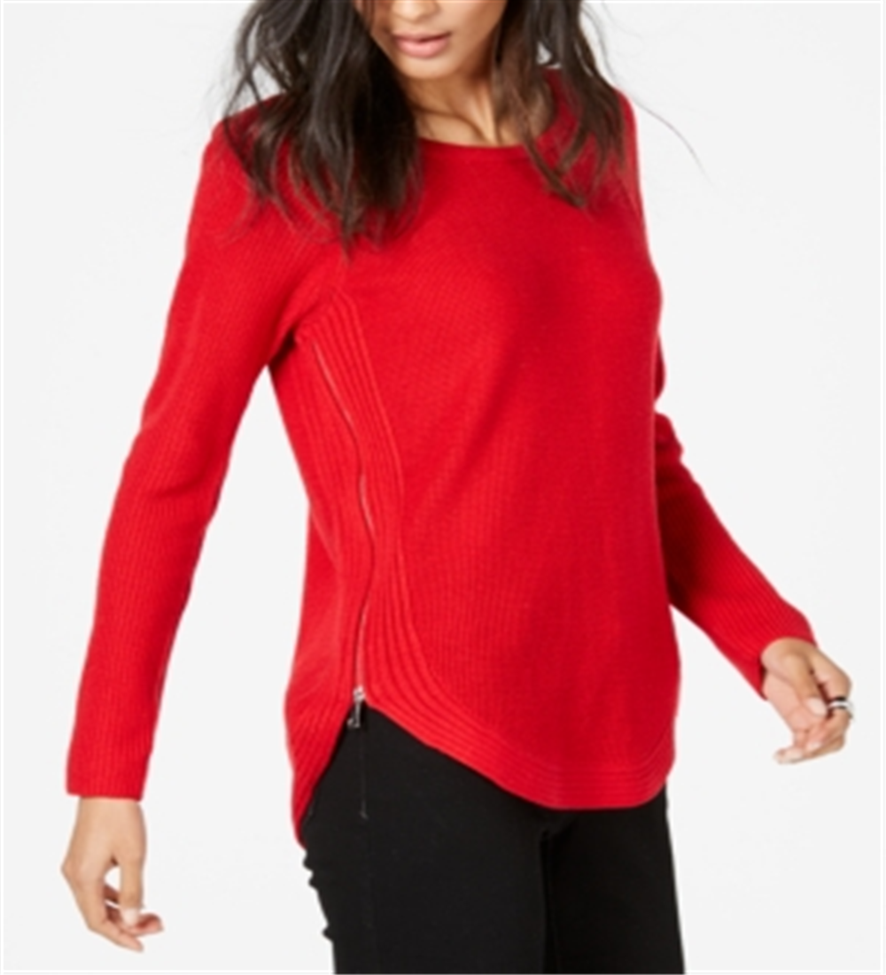 INC International Concepts Women's Waffle Knit Side Zip Tunic Sweater Red Size Petite L