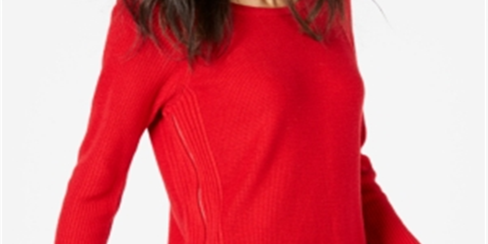 INC International Concepts Women's Waffle Knit Side Zip Tunic Sweater Red Size Petite L