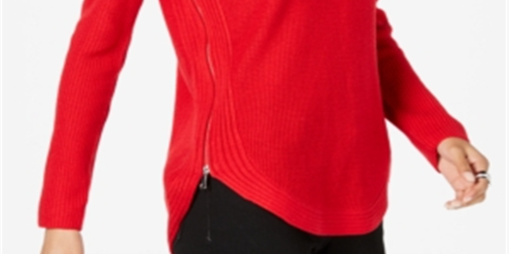 INC International Concepts Women's Waffle Knit Side Zip Tunic Sweater Red Size Petite L