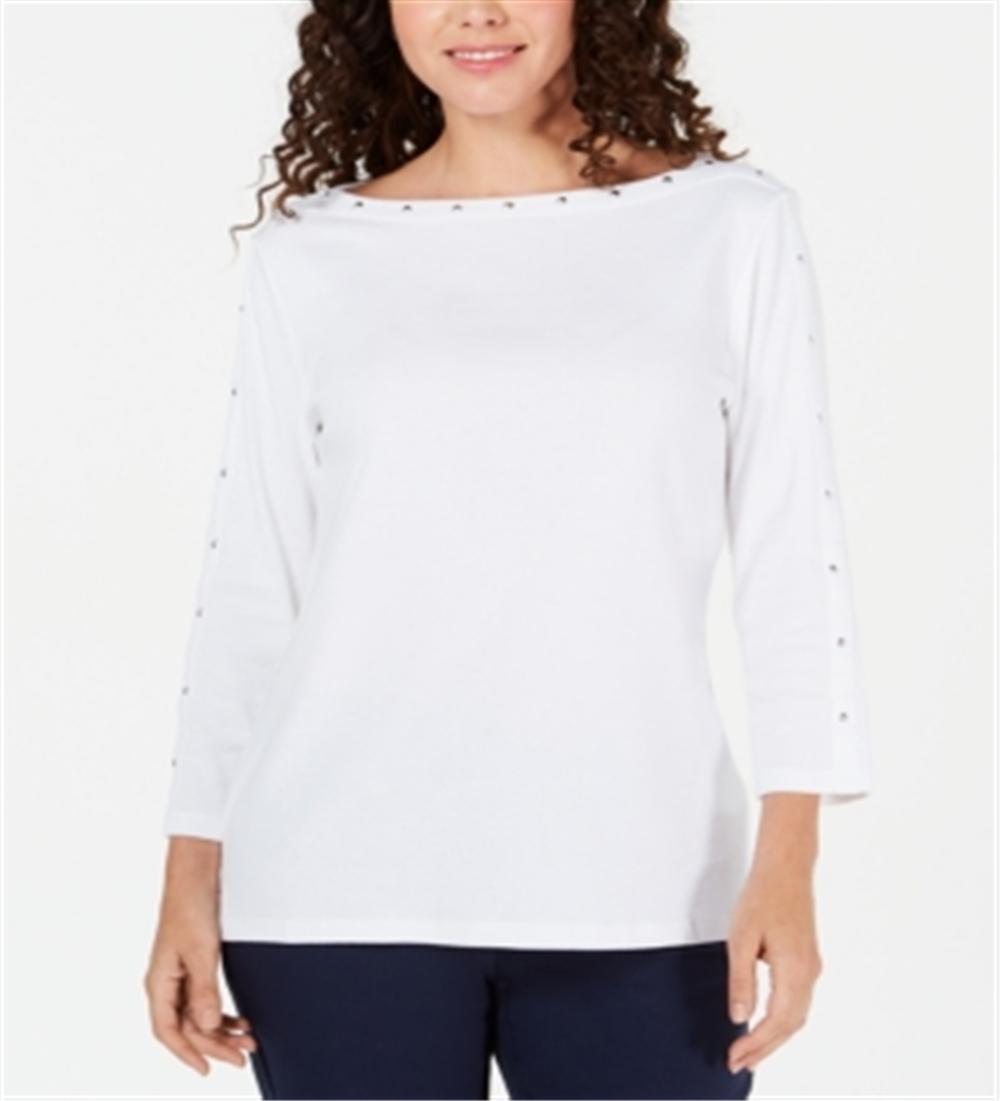 Karen Scott Women's Studded Boat Neck Cotton Top White Size Petite XL
