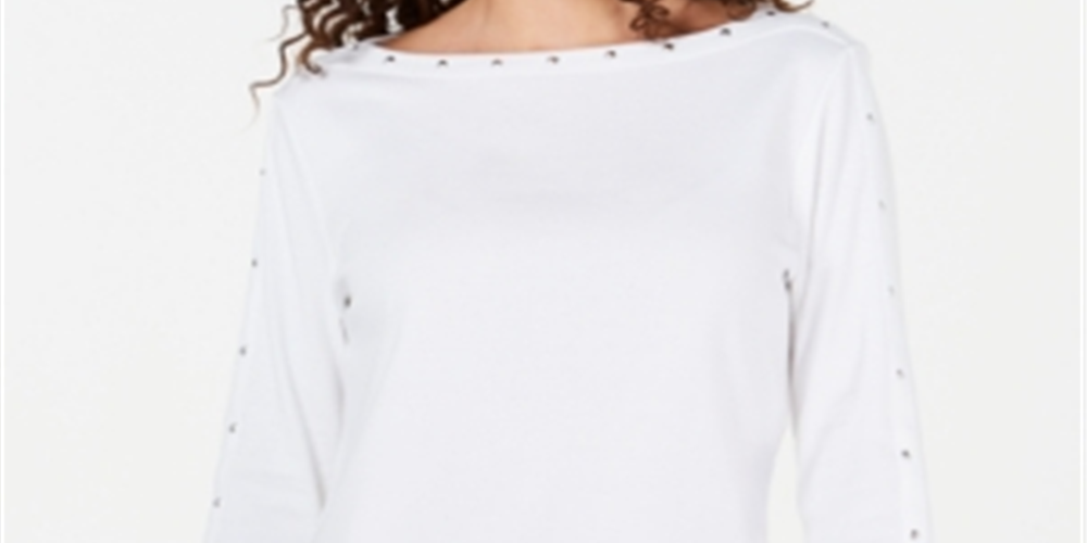 Karen Scott Women's Studded Boat Neck Cotton Top White Size Petite XL