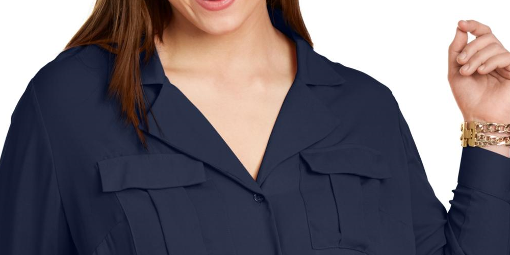 INC International Concepts Women's Plus Tie front Pocket Blouse Blue Size OX