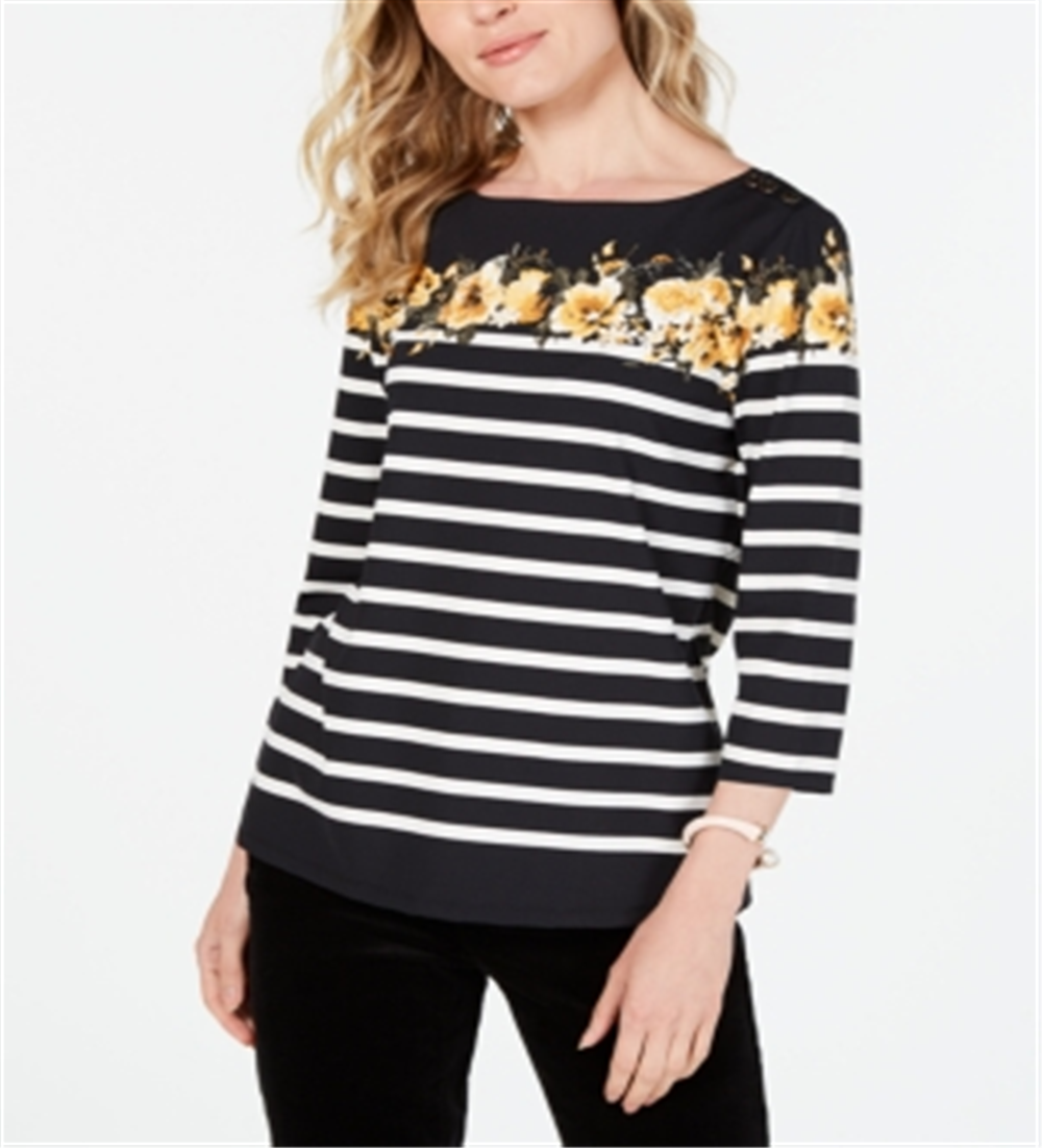 Charter Club Women's Striped Floral Print Top Black-Yellow  Size -Petite L