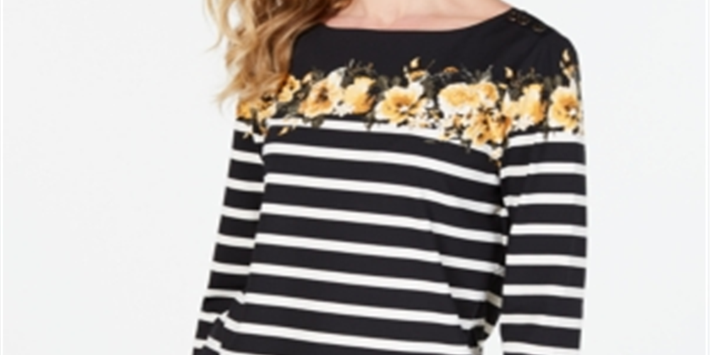 Charter Club Women's Striped Floral Print Top Black-Yellow  Size -Petite L