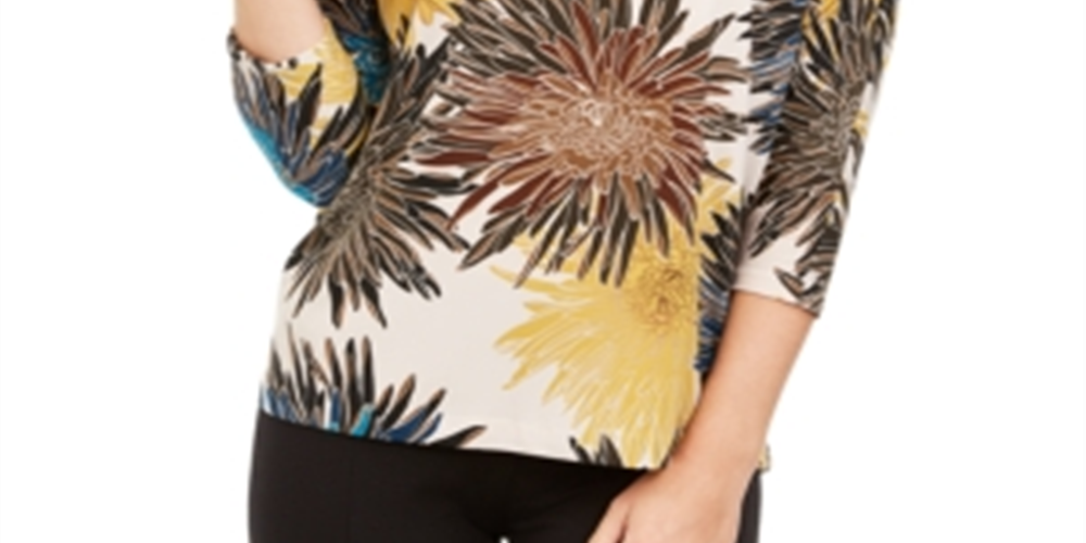 Alfani Women's Printed Boat Neck Top Yellow Floral Size Petite S