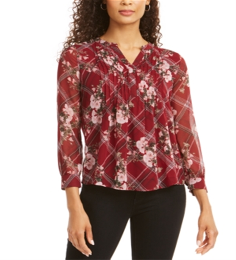 Charter Club Women's Mixed Print Split Neck Top Red Floral Size Petite L