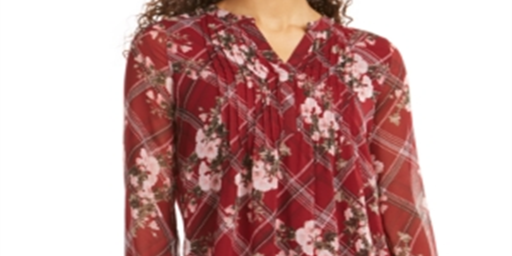 Charter Club Women's Mixed Print Split Neck Top Red Floral Size Petite L