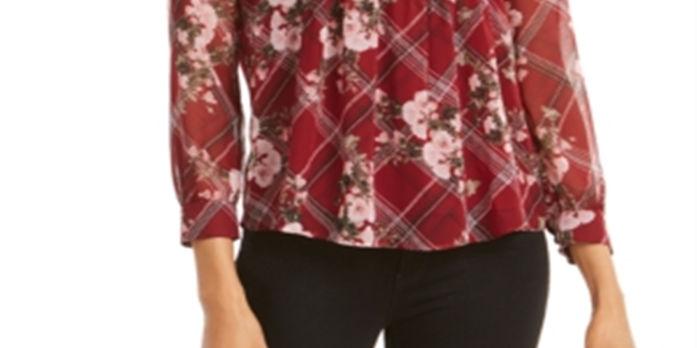 Charter Club Women's Mixed Print Split Neck Top Red Floral Size Petite L