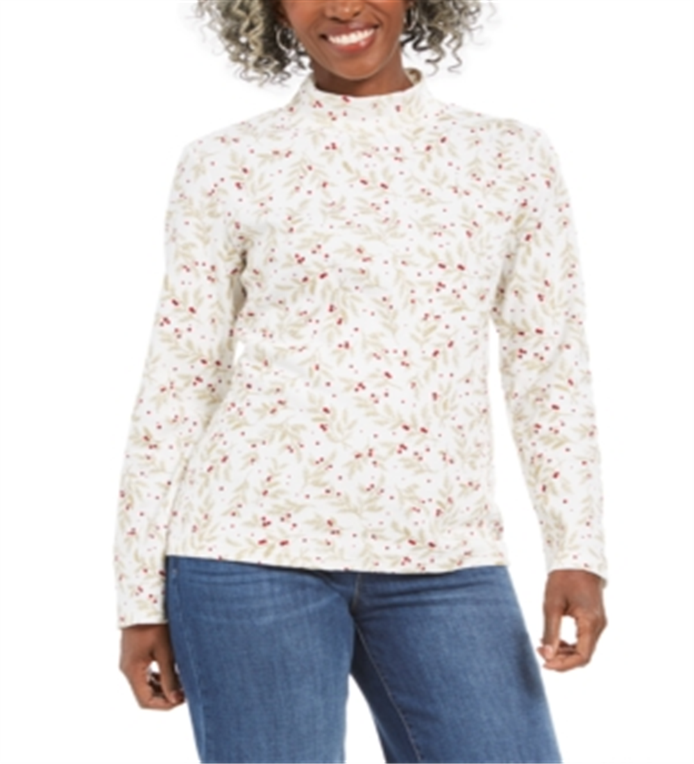 Karen Scott Women's Wheat Fields Printed Mock Neck Top White Size Petite S