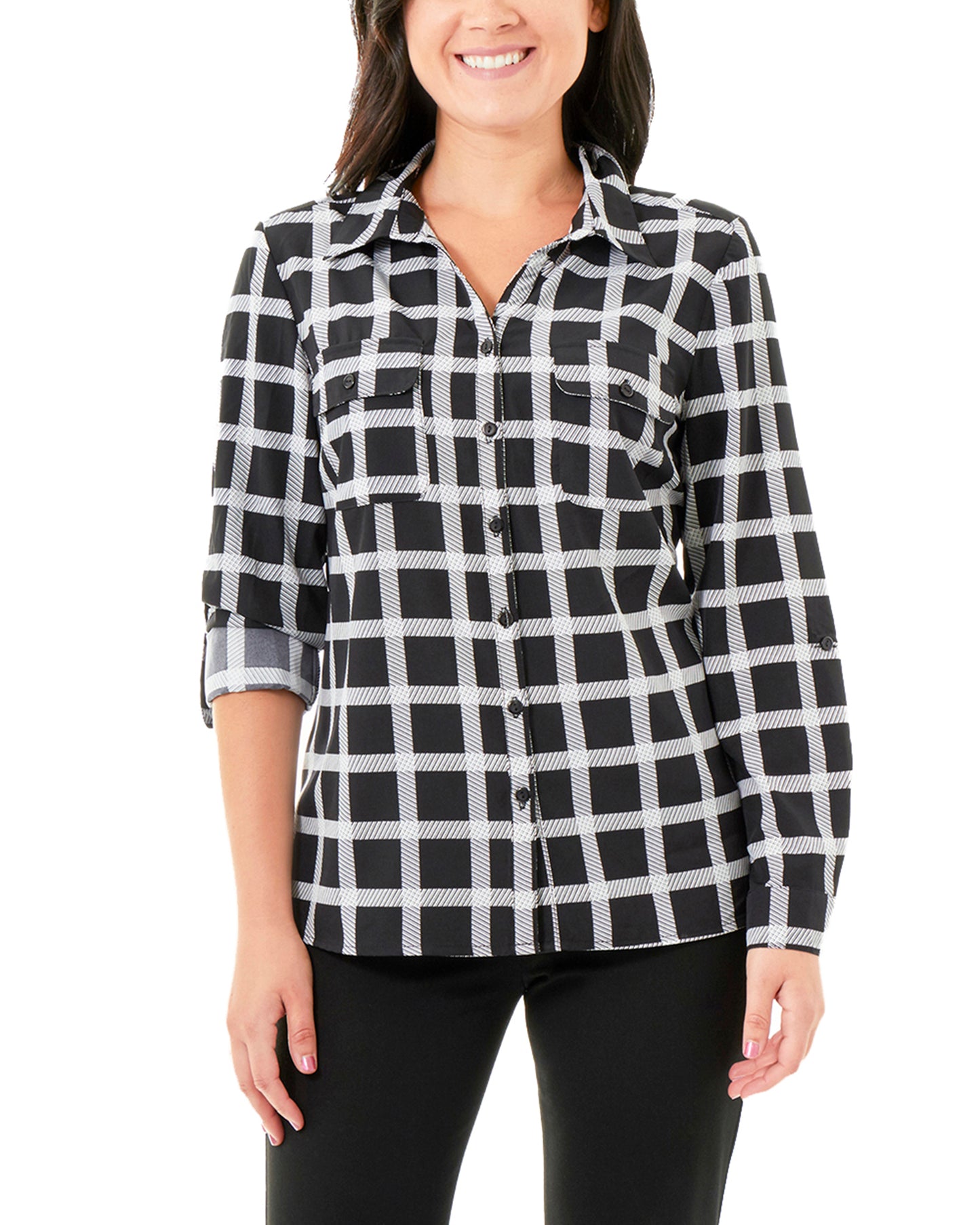 NY Collection Women's Printed Roll Tab Sleeve Blouse Black Size Medium