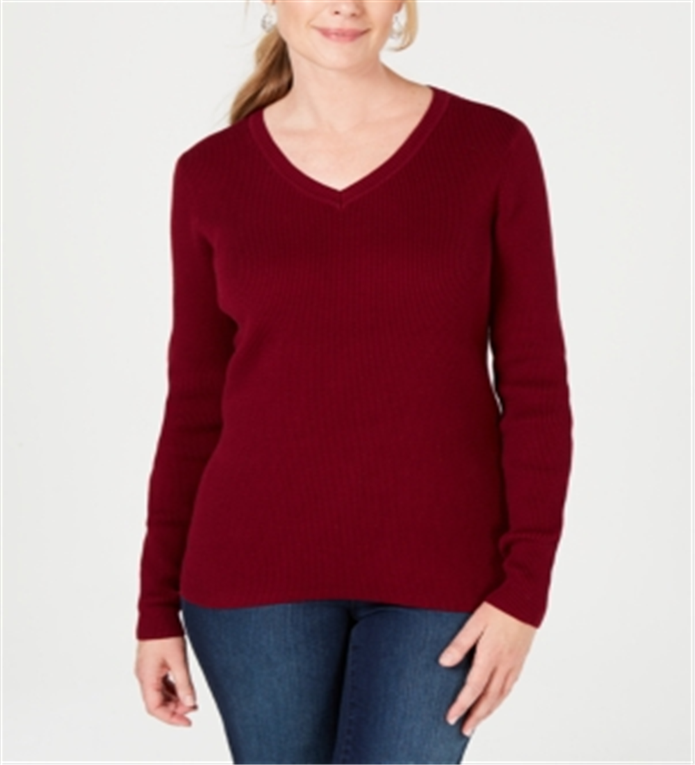 Karen Scott Women's Ribbed Knit Cotton Sweater Merlot Size Petite S/M