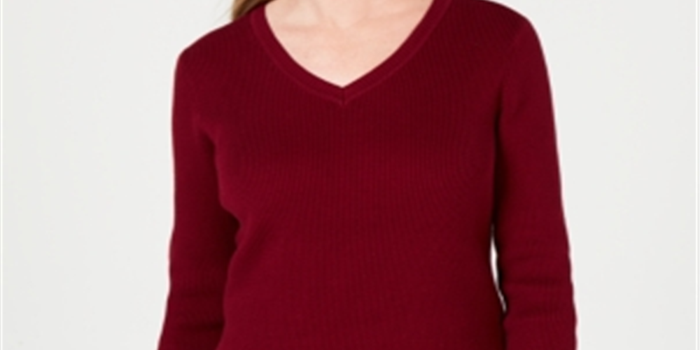 Karen Scott Women's Ribbed Knit Cotton Sweater Merlot Size Petite S/M