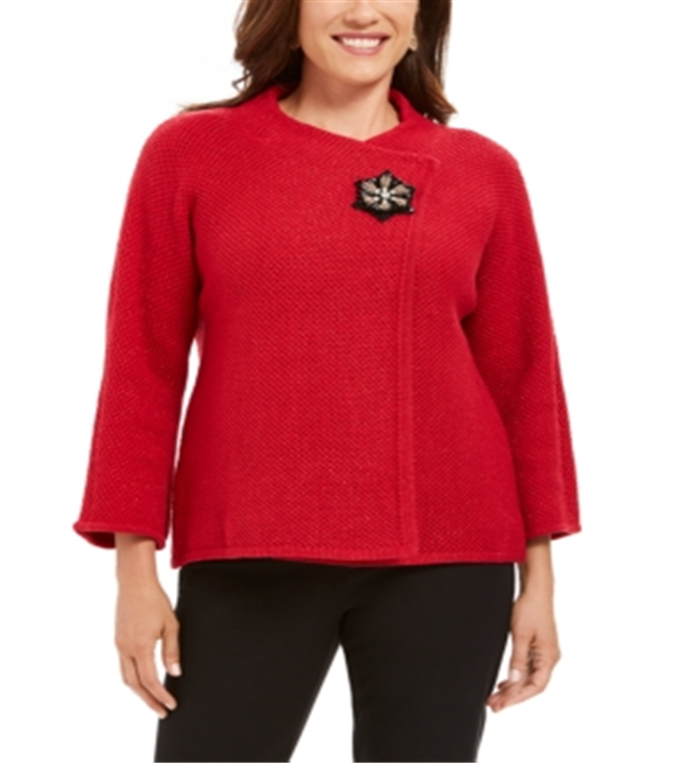 JM Collection Women's Wrap Front Brooch Sweater Blazer Red Size Petite L