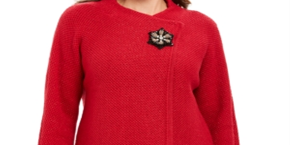 JM Collection Women's Wrap Front Brooch Sweater Blazer Red Size Petite L