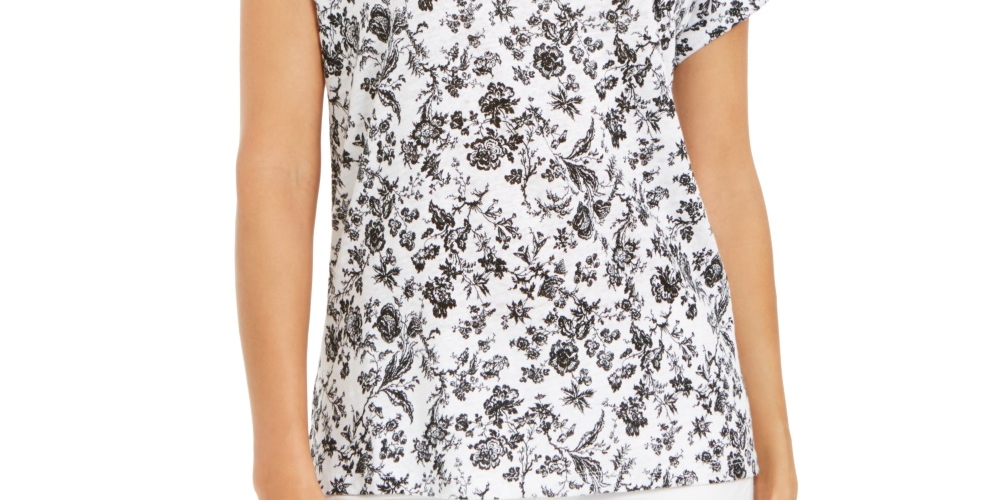 Charter Club Women's Linen Floral Print Boat Neck Top  Black Size Large