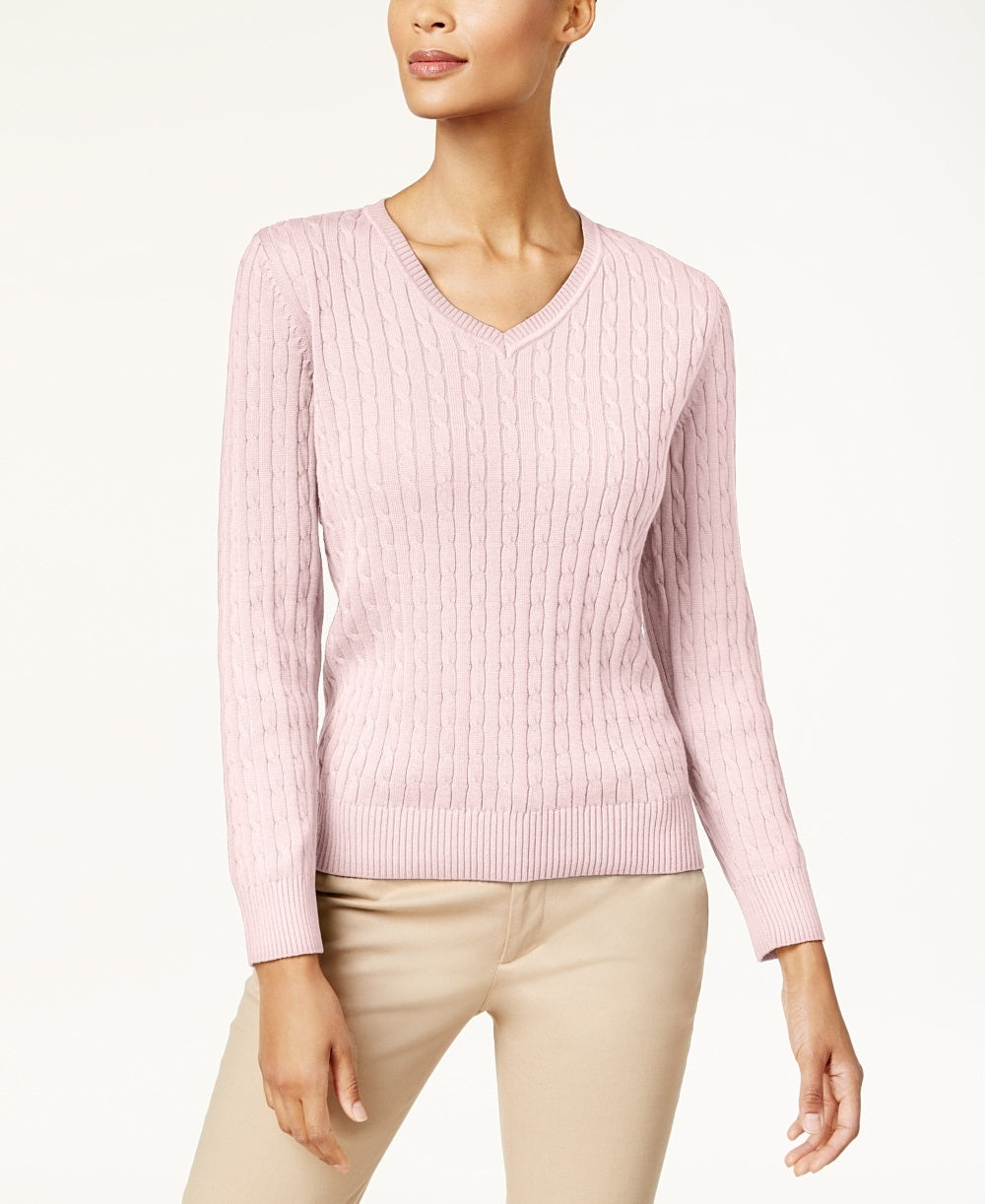 Karen Scott Women's Solid Cable Knit V Neck Sweater  Pink Size X-Large