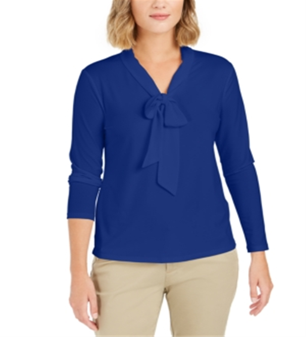 Charter Club Women's Tie Neck Crepe Top Blue Size Petite Small